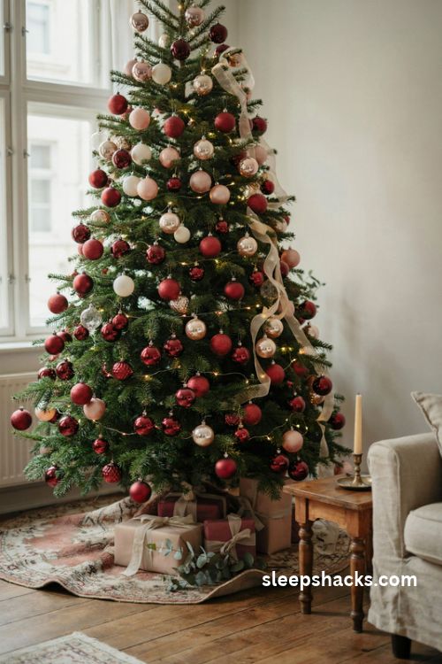 Ombre christmas tree with burgundy and blush pink gradient ornaments