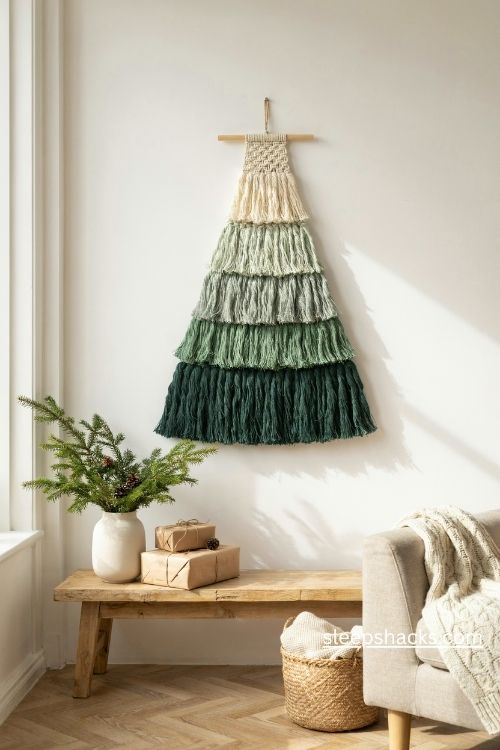 Ombre macrame christmas tree wall hanging in forest green sage and cream fringe