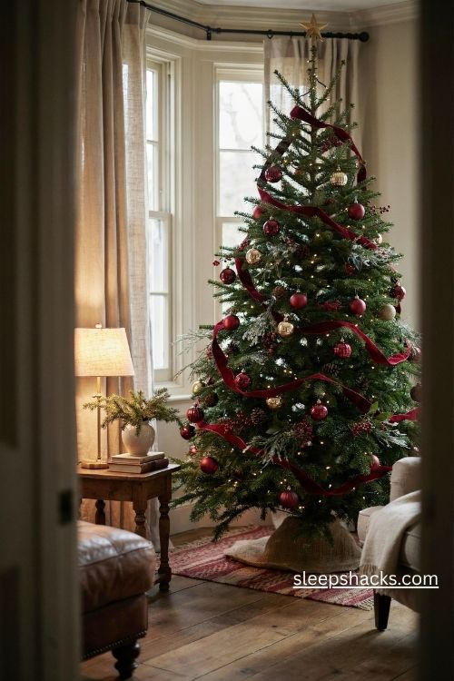 One statement christmas tree with warm lights red and gold ornaments in a cozy living room