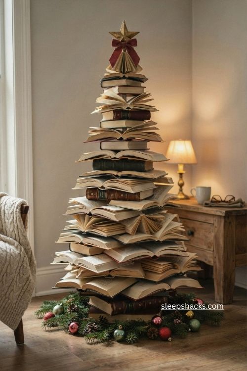 Open book christmas tree with fan shaped pages and cozy vintage holiday decor 