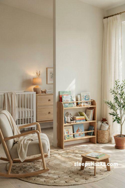 Open nursery bookshelf with classic storybooks natural wood shelves and a cozy reading corner