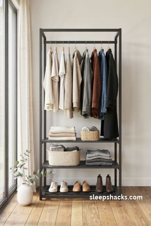 Open wardrobe ideas with wooden shelves color coordinated clothes woven baskets and a simple shoe rack