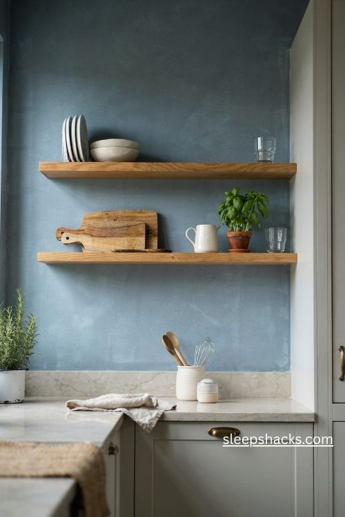 Open wood shelves against a blue kitchen wall with white dishes and glassware