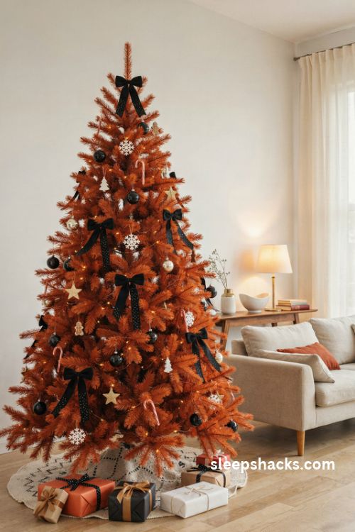 Orange and black christmas tree with polka dot ribbon matte black ornaments and white snowflakes