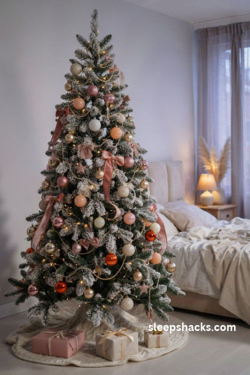 Orange and blush pink sunset christmas tree with flocked branches pearl garland and velvet ribbon