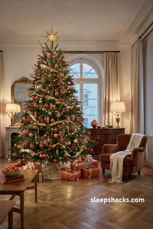 Orange and gold glam christmas tree with shiny baubles metallic ribbon and starburst topper