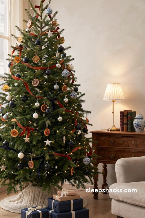 Orange and navy blue christmas tree with ginger jar ornaments burnt orange ribbon and dried citrus