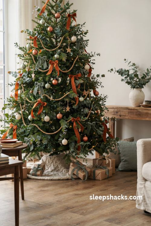 Orange and sage green christmas tree with eucalyptus sprigs velvet bows and wooden bead garland