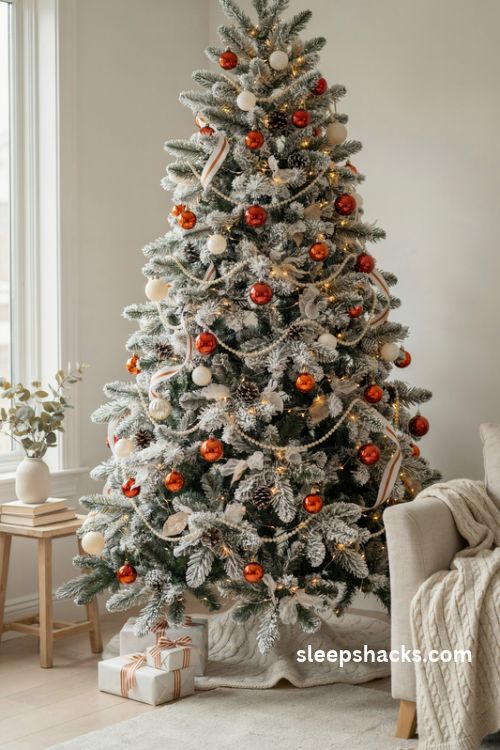 Orange and white flocked christmas tree with pearl garland frosted pinecones and striped ribbon