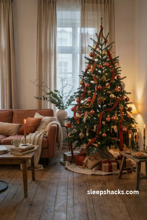Orange christmas tree with copper ornaments and warm glowing lights in a cozy vintage living room