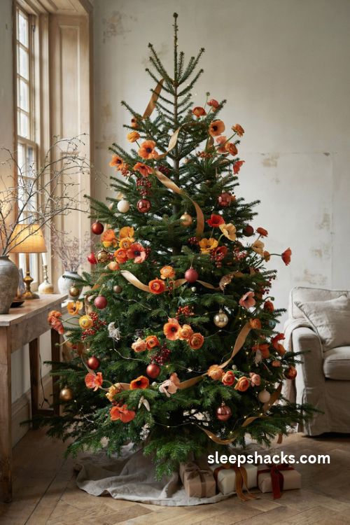 Orange christmas tree with faux ranunculus flowers burgundy berries and cascading gold ribbon