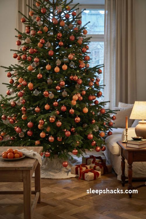 Orange glass ball christmas tree with peach apricot pumpkin and rust ornament clusters