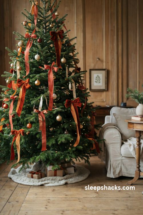 Orange velvet ribbon christmas tree with oversized rust bows and cascading satin streamers