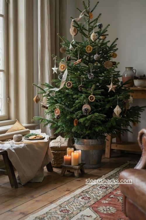 Organic Christmas tree with natural handmade decorations and cozy sustainable holiday living room