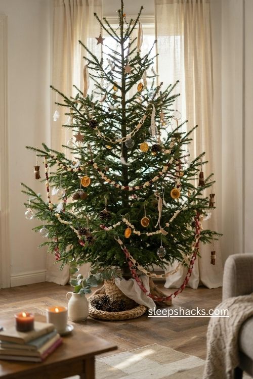 Organic Christmas tree with natural wood paper popcorn and dried orange decorations