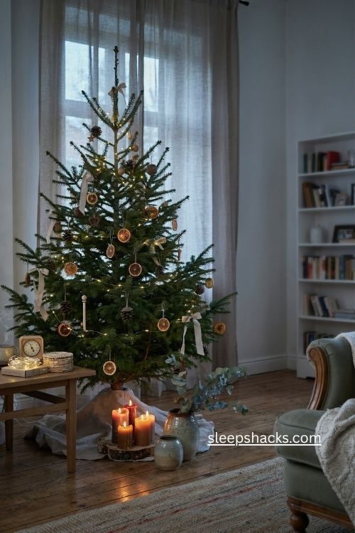 Organic Christmas tree with warm white LED lights and cozy energy saving holiday decor
