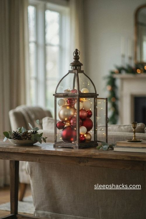 Ornament filled glass lantern with gold red and cream Christmas decorations