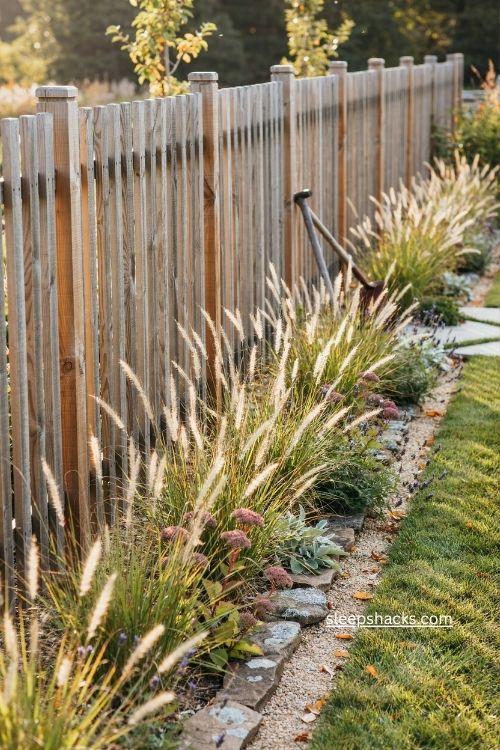 Ornamental grasses along a cedar fence for an easy cottage garden border