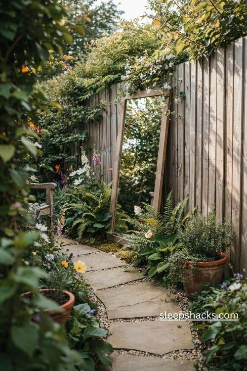 Outdoor garden mirror on a wooden fence to make a small backyard look bigger