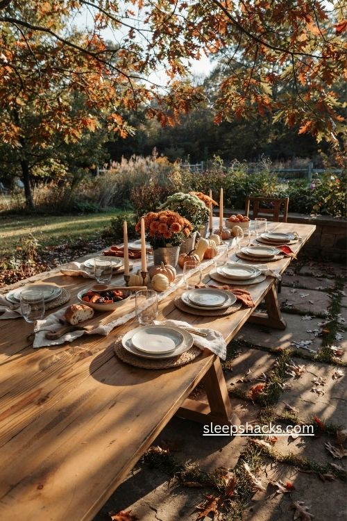 Outdoor thanksgiving table with pumpkins mums candles and rustic autumn decor
