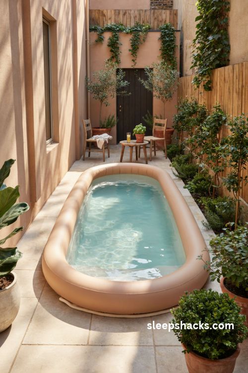 Oval inflatable pool for a narrow patio with cozy small backyard seating
