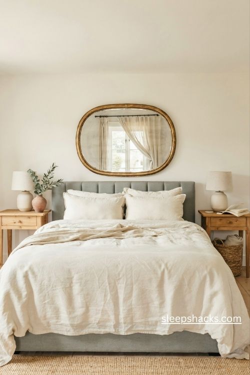 Oval mirror above the headboard in a cozy neutral bedroom with soft natural light