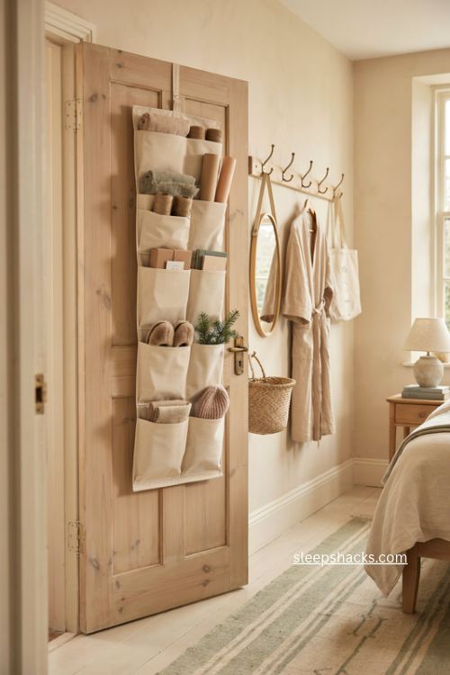 Over the door guest room storage ideas with organizer hooks and mirror