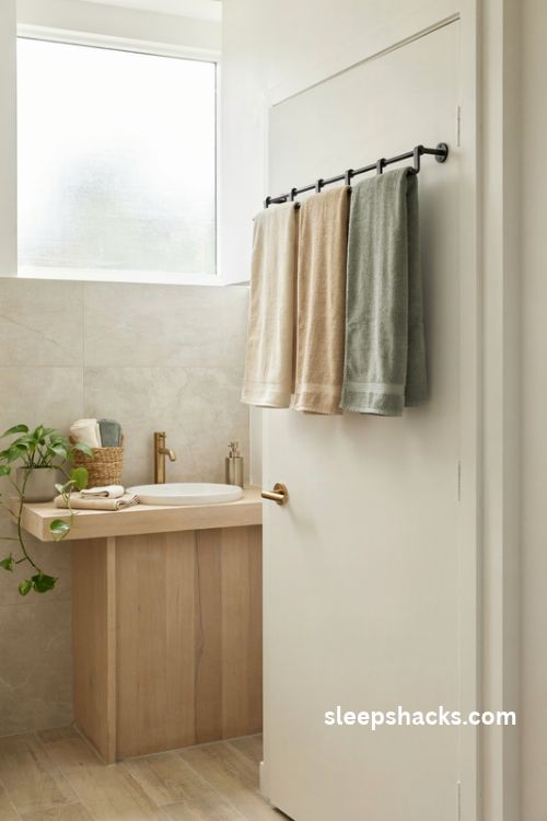 Over the door towel rack in a small bathroom with matte black bars and neutral everyday towels