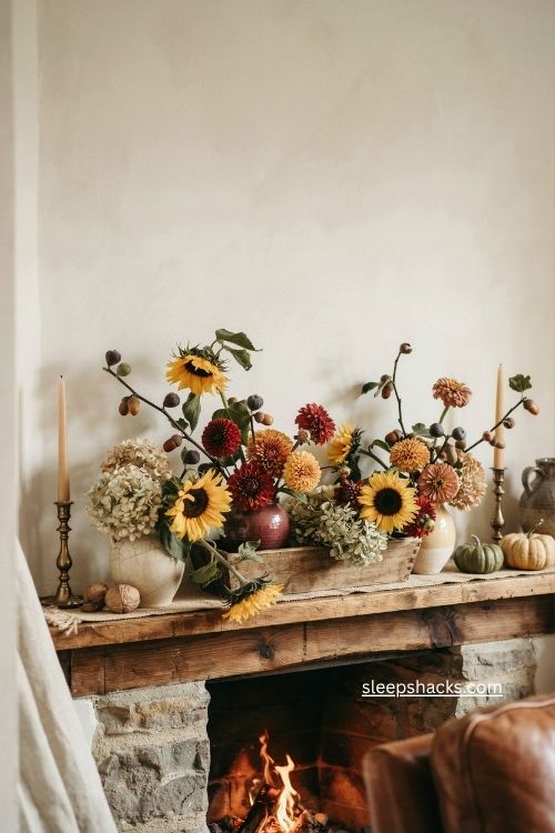 Overflowing autumn blooms with sunflowers dahlias and hydrangeas on a fall mantel