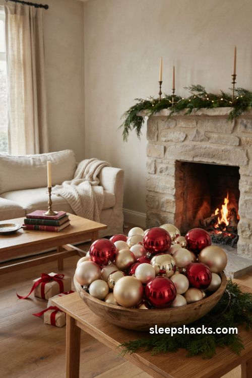Oversized Christmas ornaments in a wooden bowl with red gold and cream baubles and cozy fireplace decor