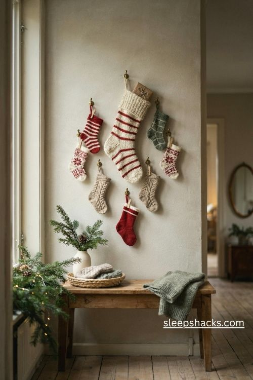 Oversized Christmas sock wall display with mini stockings in red cream and sage