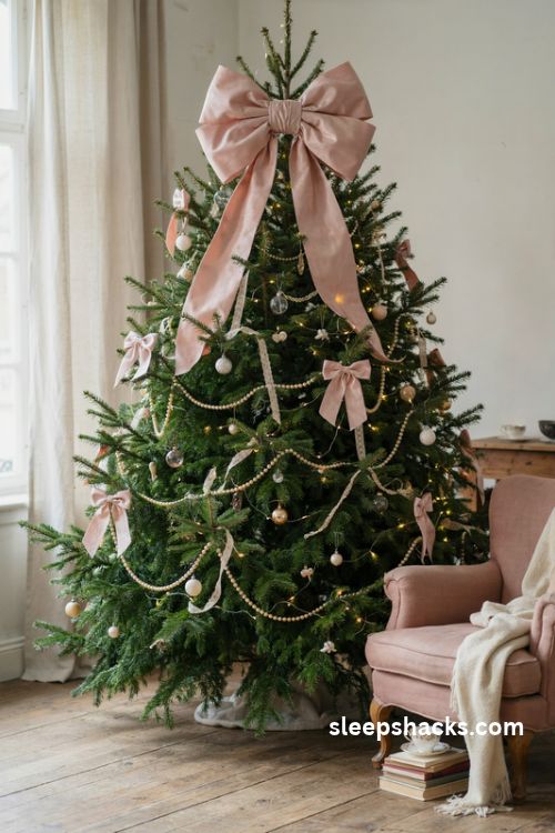 Oversized blush pink satin bow Christmas tree topper with cascading ribbon tails