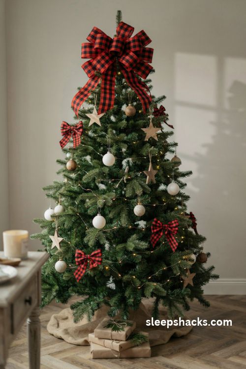 Oversized buffalo check christmas tree topper bow with cascading plaid ribbon