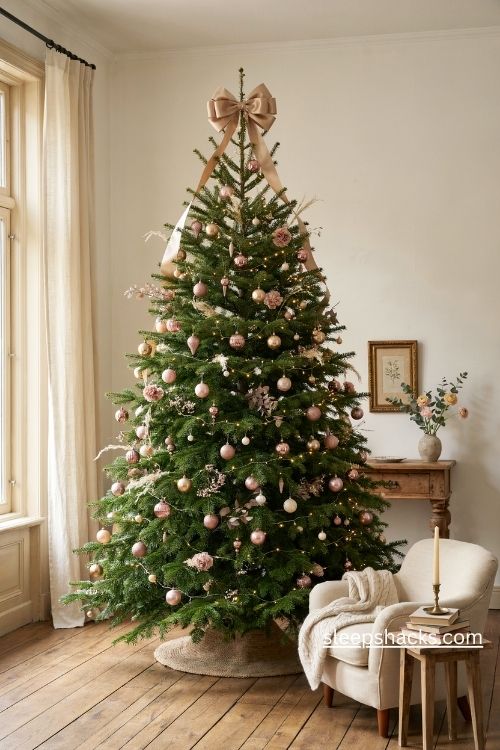 Oversized champagne gold christmas tree topper bow with blush pink ornaments and flowing ribbon tails