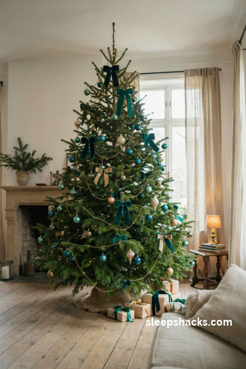 Oversized emerald velvet bows on a jewel tone christmas tree with gold accents