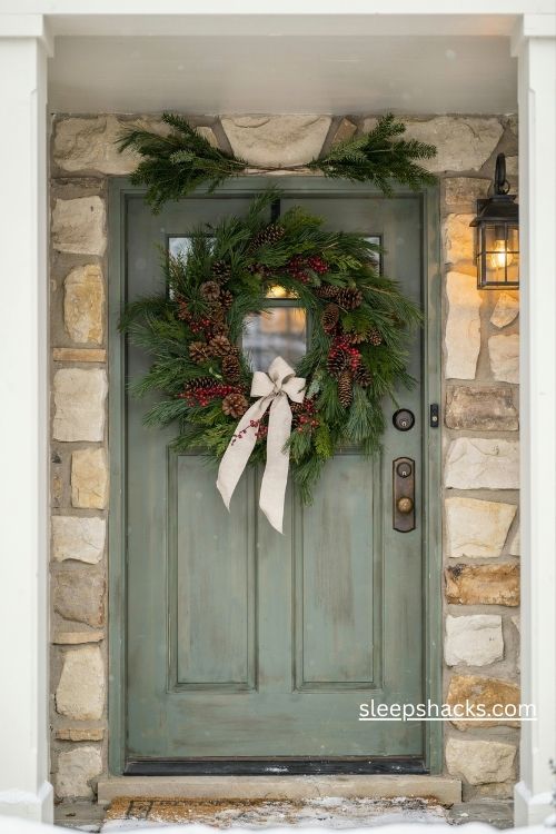 Oversized evergreen christmas wreath with pinecones berries and a beautiful ribbon bow on the front door