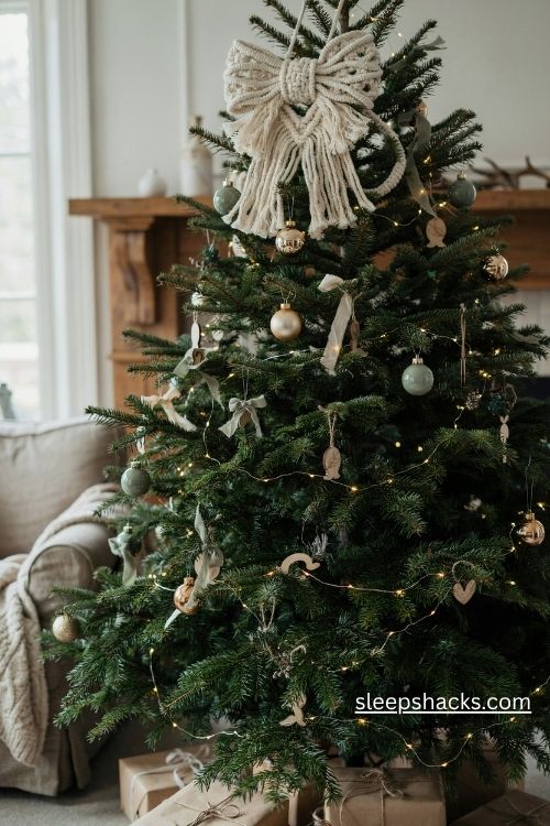 Oversized macrame bow Christmas tree topper with thick cream cotton cord and cascading handmade tails