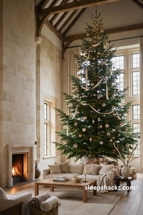 Oversized nine foot christmas tree with elegant gold ornaments wide ribbon and vaulted ceiling living room