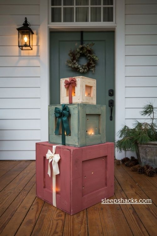 Oversized pallet wood Christmas gift boxes with colorful bows and glowing lights on a farmhouse porch