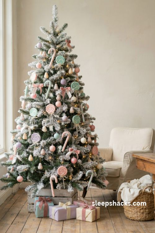 Oversized pastel lollipops and candy canes on a frosted white christmas tree with pink mint and lavender decorations