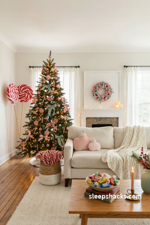 Oversized peppermint and candy cane Christmas decor with giant lollipops red and white accents and a whimsical candy shop theme
