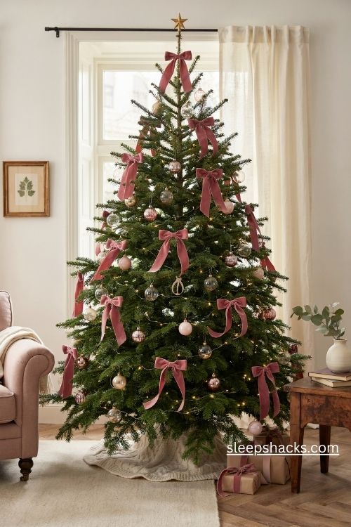 Oversized pink velvet bows on a christmas tree with simple glass ornaments