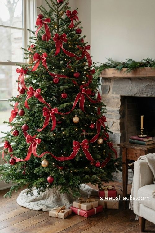 Oversized red and gold ribbon bows on a traditional christmas tree with warm lights