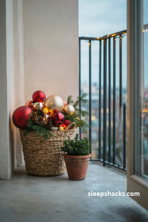 Oversized red gold and ivory Christmas ornaments in a woven basket with pine sprigs and pinecones on a small balcony
