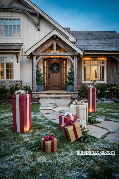 Oversized red gold and ivory christmas gift boxes glowing on a cozy farmhouse front lawn