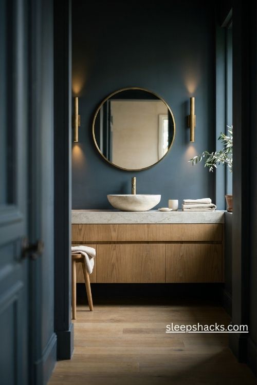 Oversized round bathroom mirror with brass frame charcoal walls and warm vanity lighting