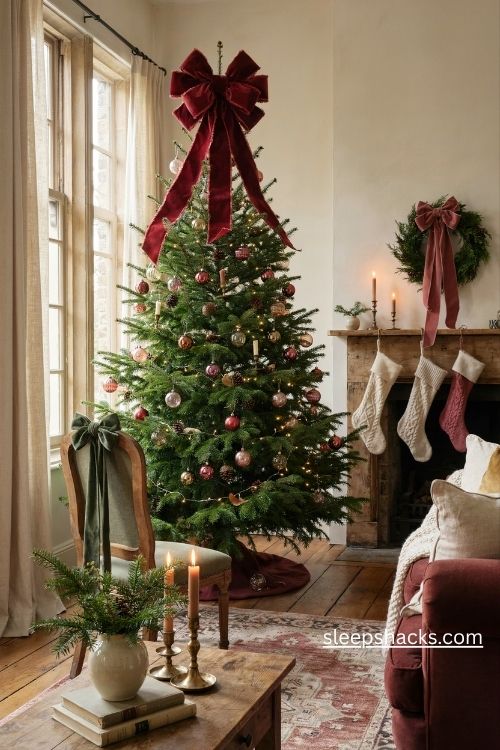 Oversized velvet bows on a christmas tree wreath and mantel for romantic holiday decor