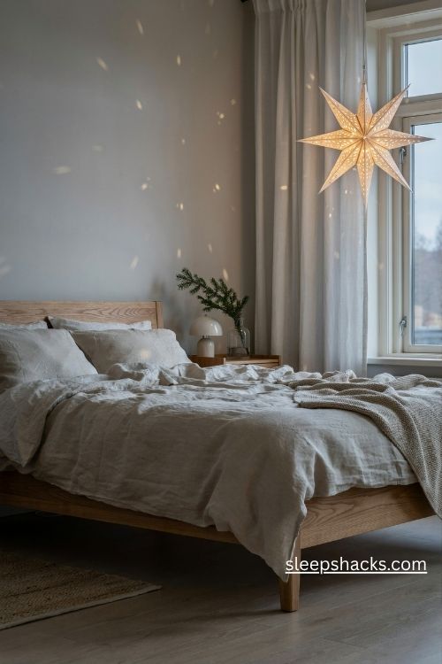 Oversized white paper star christmas light glowing beside a bedroom window in a cozy scandinavian interior