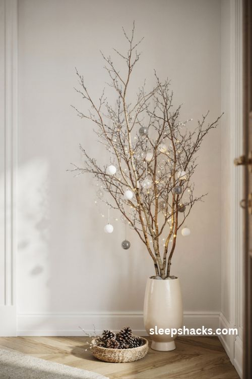 Oversized winter branches in a tall floor vase with warm fairy lights and white glass ornaments for a narrow Christmas foyer