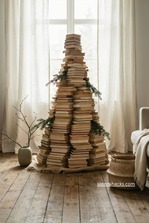 Pages out book christmas tree with creamy paper edges and rustic greenery 